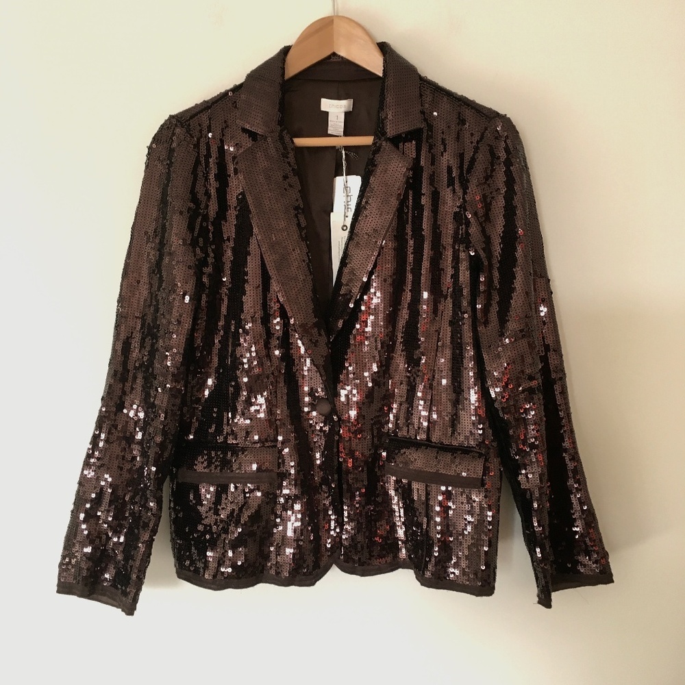 Chico's Shining Tuxe Sheron Jacket Blazer Sz 1 Timberglass Brown Allover Sequin